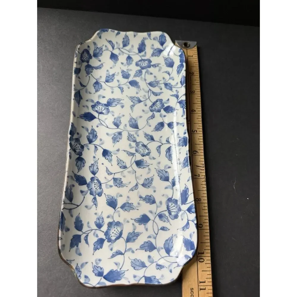 Vintage Floral Asian Rectangle Porcelain Tray Blue White Serving Trinket Cottage